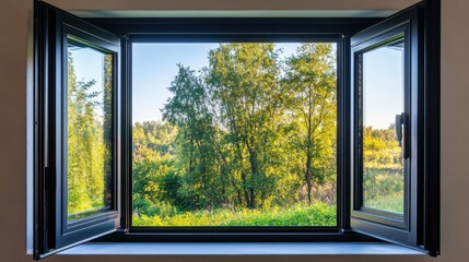 Open Window to Green Nature with Summer Countryside View.