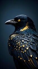 Majestic Stylized Crow Portrait with Blue and Gold Feathers