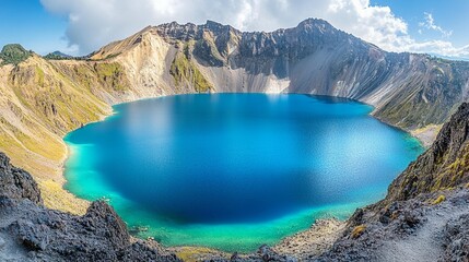 Panoramic view of a vibrant blue crater lake nestled within a volcanic caldera, under a partly cloudy sky.
