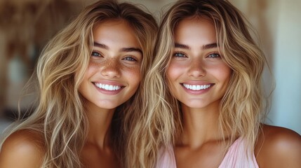 Blonde twin sisters smiling indoors, blurred background