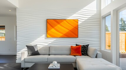 Contemporary living space featuring a minimalist gray sectional sofa, a sleek black coffee table, and bold abstract art on a textured accent wall.