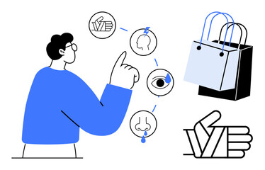 Man pointing at sensory icons representing touch, taste, sight, smell. Nearby shopping bags and thumbs up hand gesture. Ideal for marketing, sensory advertising, consumer psychology, decision-making