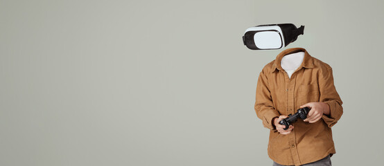 A person with a virtual reality headset and no visible head is actively using a gaming controller....