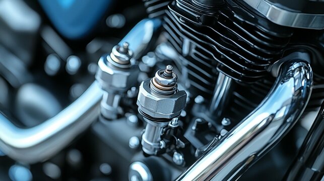 Close-up of a gleaming motorcycle engine, showcasing spark plugs and chrome details.