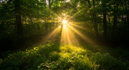Fototapeta premium Sunburst Illuminates Green Forest Clearing with Tall Trees Scenery