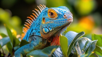 Fototapeta premium Blue iguana resting in jungle foliage, blurred background