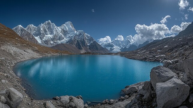 Panoramic view of a serene turquoise alpine lake reflecting snow-capped mountains under a vibrant blue sky.