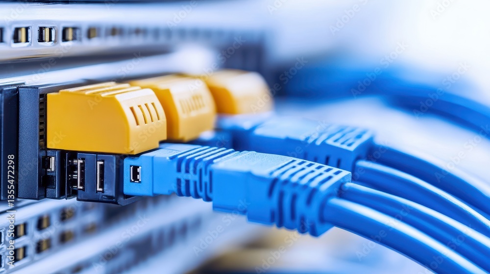 Poster network hub blue cables connecting to server in data center.