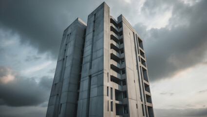 Fototapeta premium Stark concrete building stands against a dramatic stormy sky, showcasing modern architectural design. 
