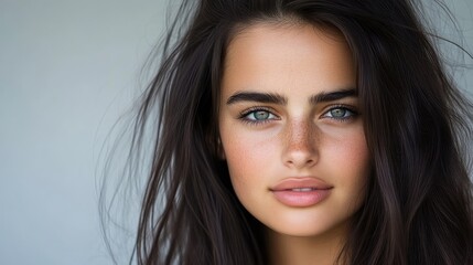 Naklejka premium Close-up portrait of a woman with flawless skin and beautiful eyes