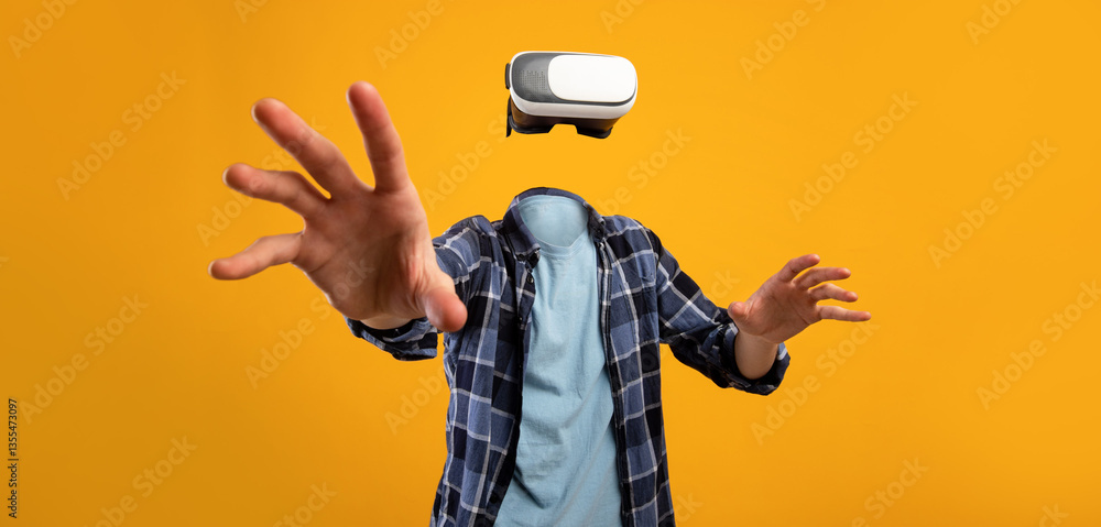 Aufkleber a person engages with a virtual reality headset in a lively setting. their head is absent, emphasizi
