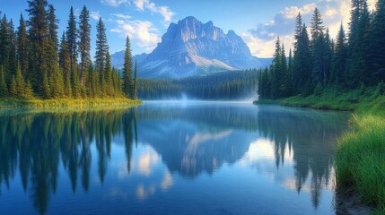 Majestic mountain reflected in a serene lake at sunrise, mist rising from the water, surrounded by lush evergreen trees.