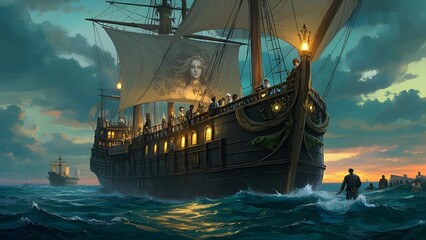 Mysterious Galleon Sailing at Twilight – Historic Maritime Adventure