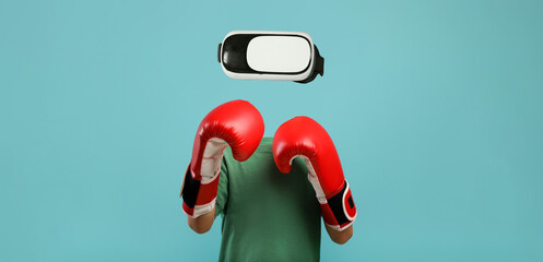 A user is immersed in virtual reality boxing while wearing a headset. The person has boxing gloves...