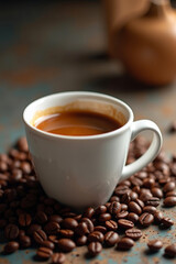 Fototapeta premium Freshly brewed espresso with a rich golden crema in a white ceramic cup, surrounded by aromatic roasted coffee beans