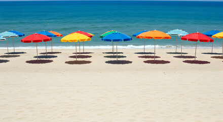 Colorful Beach Umbrellas on Sandy Shore Near Ocean Creating a Pattern