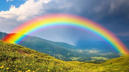 A Bright Colorful Rainbow Arcs Over Mountainous Green Landscape Scene