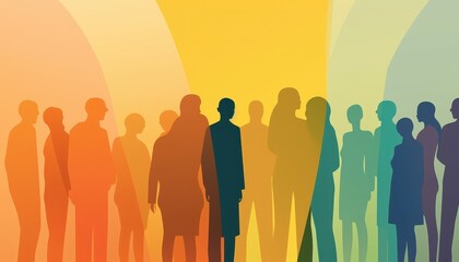 Fototapeta premium Silhouettes of People in Group Gathering Against Yellow Abstract Gradient
