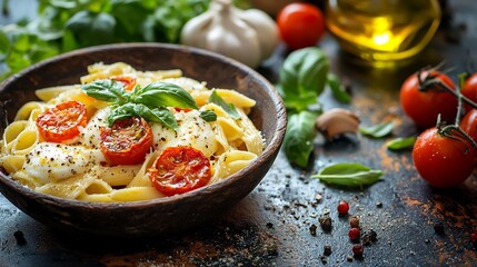 Penne pasta with cherry tomatoes, mozzarella, and basil in a wooden bowl.