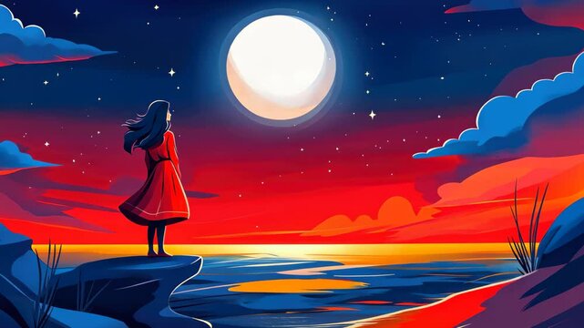 A romantic anime girl gazes longingly at a vibrant red sunset, capturing the beauty of love and melancholy.