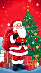 Fototapeta premium Santa Claus Holding Gifts in Front of a Christmas Tree - Festive Holiday Art, Santa Claus with Gifts, Christmas Celebration Scene, Festive Holiday Illustration, Magical Christmas Scene Santa 8K HD