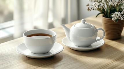 Fototapeta premium A cup and teapot of tea on a wooden table by a window.