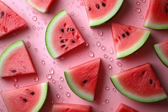Fresh watermelon slices arranged on pink background creating seamless summer pattern