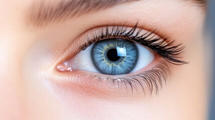 Obraz premium Close-up of a beautiful light blue eye. Detailed view of the iris, eyelashes, and skin