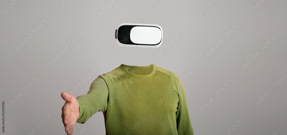 Aufkleber A user wearing a modern virtual reality headset, with no visible head or face, reaches out as if inviting interaction. The minimalist background emphasizes the advanced gadget's features.