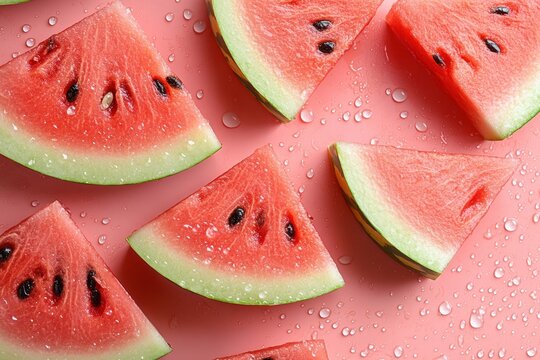 Fresh watermelon slices arranged on pink background creating seamless summer pattern