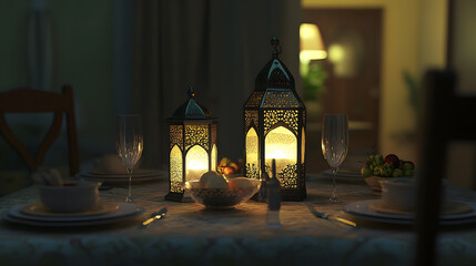 A romantic dinner setting illuminated by two elegant, ornate lanterns.