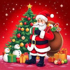 Santa Claus Holding Gifts in Front of a Christmas Tree - Festive Holiday Art, Santa Claus with Gifts, Christmas Celebration Scene, Festive Holiday Illustration, Magical Christmas Scene Santa 8K HD