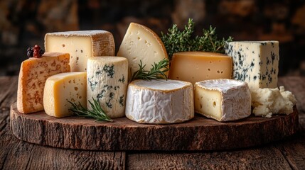 Assorted cheeses on wooden board, rustic background