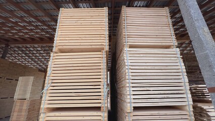 Stacks of wooden planks drying in warehouse, lumber industry
