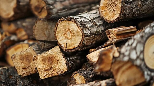 A close-up photograph displaying a pile of stacked, freshly cut tree logs for firewood.