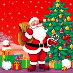 Santa Claus Holding Gifts in Front of a Christmas Tree - Festive Holiday Art, Santa Claus with Gifts, Christmas Celebration Scene, Festive Holiday Illustration, Magical Christmas Scene Santa 8K HD