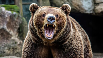 Obraz premium Roaring Brown Bear in Rocky Habitat Wildlife Power.