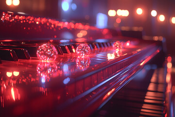 This is a mesmerizing image of a piano with crystal balls glowing in red lights. Ideal for album covers music promotion or artistic projects related to nightlife.