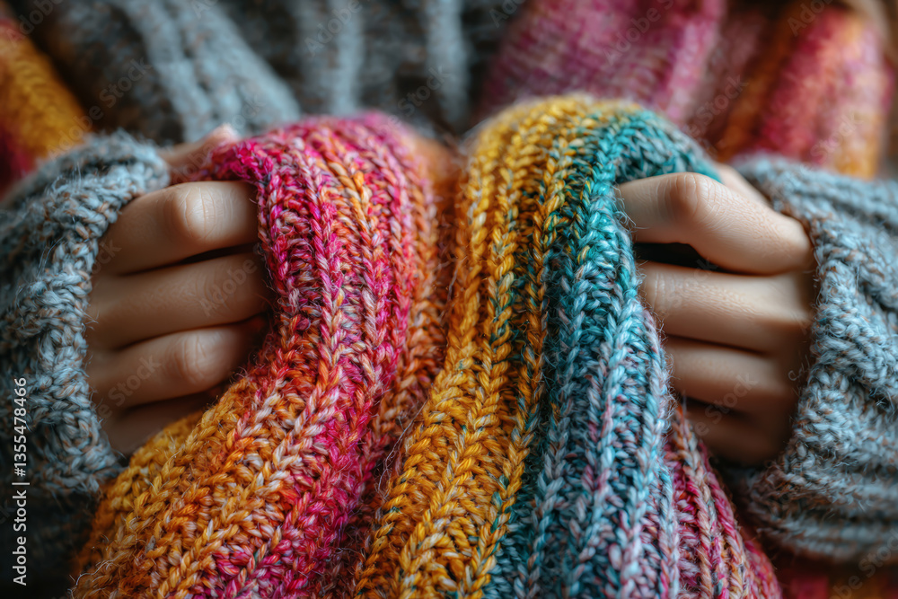 Poster a knitter creating a scarf with the colors of the gender equality flag. concept of craftivism and sl