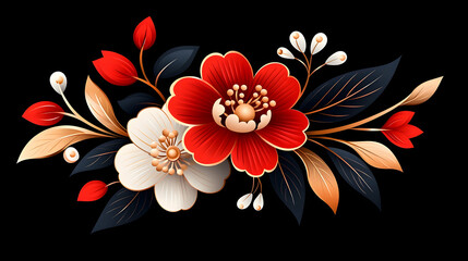 Red and White Flowers with Gold Accents on Black Background