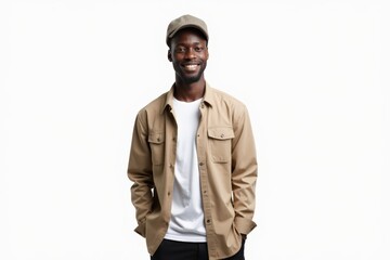 Obraz premium Half-Length (Waist-Up) portrait of young stylish smiling Liberian male model in country wear isolated on pure white background looking at camera