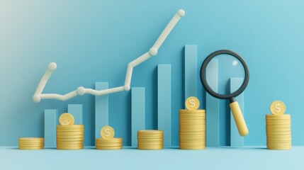 Financial Growth Analysis with Magnifying Glass and Stacked Coins