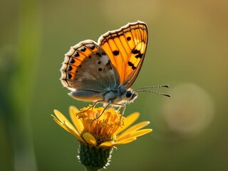 Obraz premium A butterfly with orange wings and black spots is perched on a yellow flower. The background is blurred with warm, golden hues.