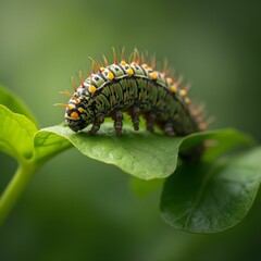 Fototapeta premium a caterpillar crawling on a green leaf. The caterpillar has a segmented body with black and brown stripes and appears to have a spiky texture.