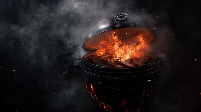 Parrilla de carb&oacute;n encendida con fuego y humo