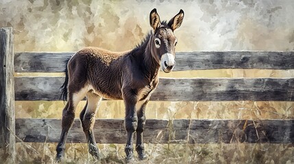 A young donkey standing beside a weathered wooden fence gracefully