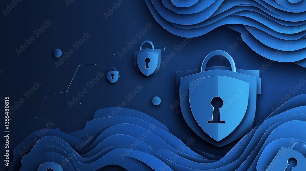 Aufkleber Cybersecurity background in paper art style featuring locks, codes, and shield shapes with modern blue gradients and layered textures