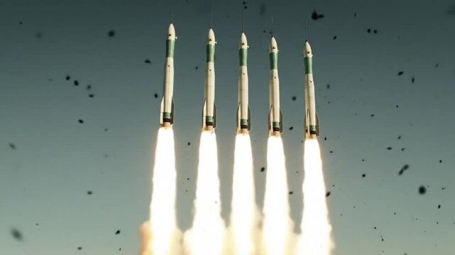 Set of rockets launching with fire and smoke, rockets launching video, missile launching video, ai generated
