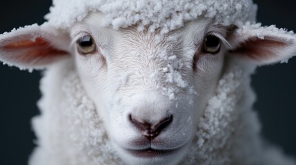Close-up of a sheep's face covered in fluffy white substance