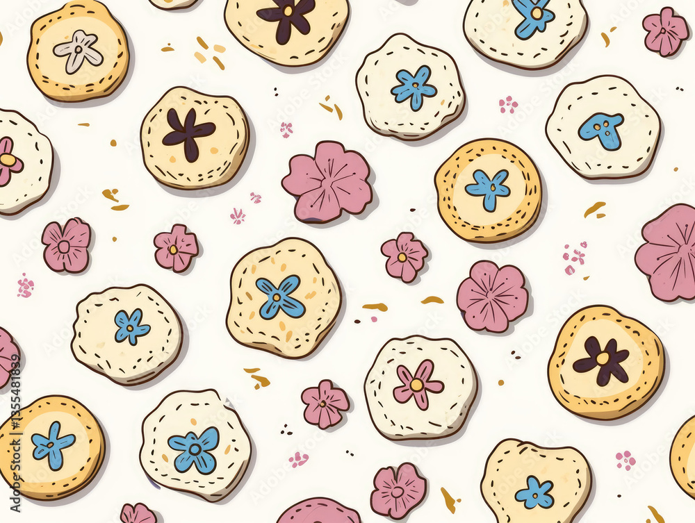 Poster delightful pattern of cookies and flowers creates charming and whimsical design. cookies feature col